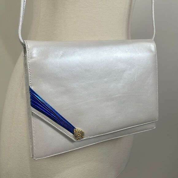 Raphael Salato Vintage Leather Flap Bag Clutch 70s White Blue Crystal Leaf - Picture 1 of 11